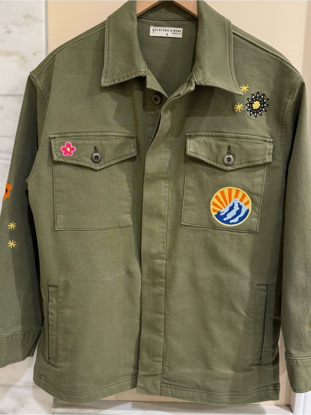 Electric & Rose Olive Green Women’s Embroidered Patch Jacket